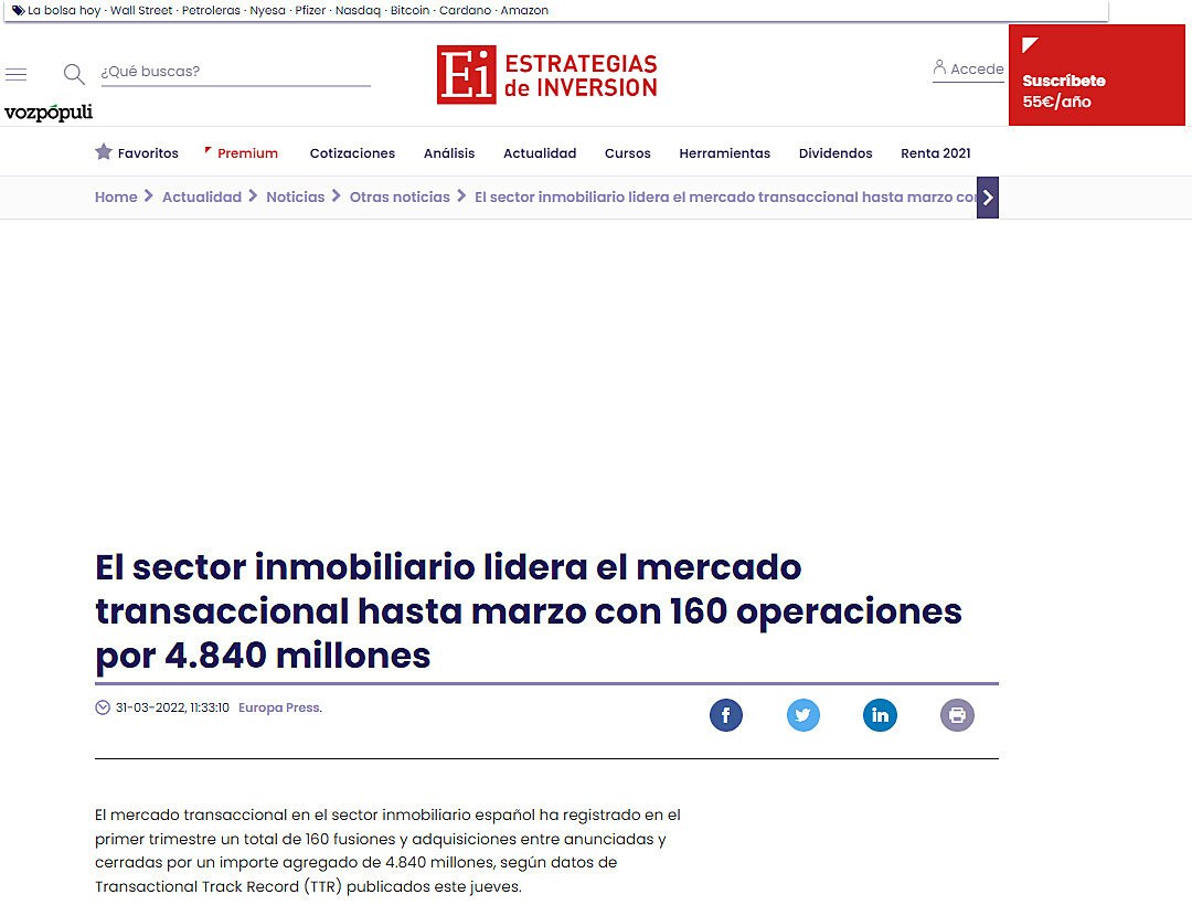 El sector inmobiliario lidera el mercado transaccional hasta marzo con 160 operaciones por 4.840 millones